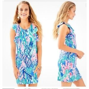 Lilly Pulitzer Esmeralda Jet Stream Blue Floral Ruffle Sleeve Shift Dress Medium